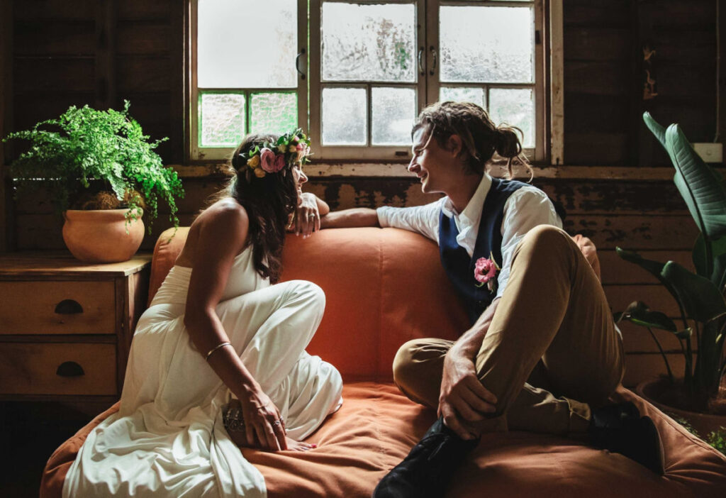 Wedding couple sitting together